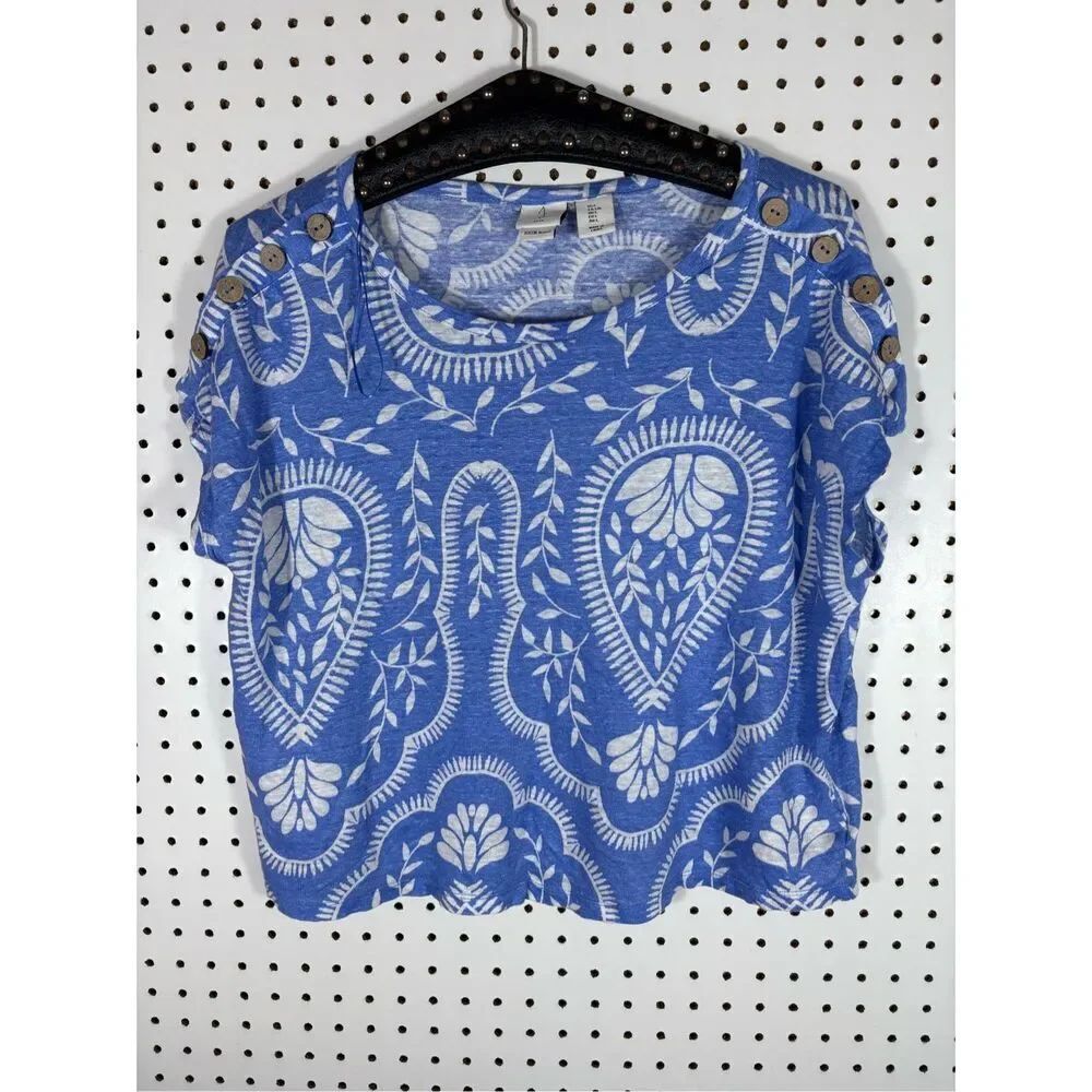 JOIE Blue & White 100% Linen Short Sleeve Cap sleeve Shirt Size L